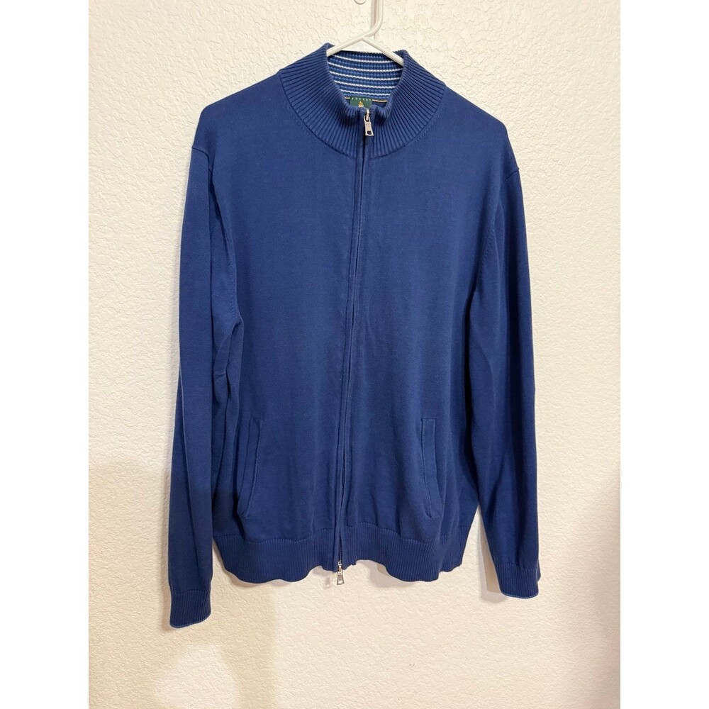 Robert Talbott Luxury Mens L Mock Neck Full Zip Sweater Blue Striped Collar Trim